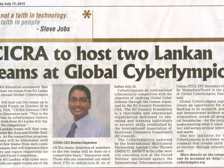 CICRA to host two Sri Lankan teams at Global Cyberlympics